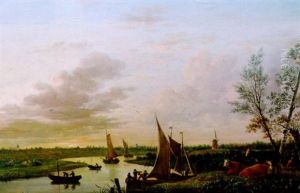 Cattle In A Watermeadow At Sunset With Figures In Boats On A River by Jean Baptiste Tency