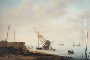 Men Building A Boat And A Ship Being Careened by Jean Baptiste Tency