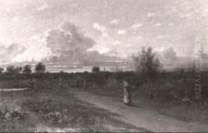 Landskapsidyll Med Kvinna Och Flicka, Solnedgangsstamning by Martin Tengberg