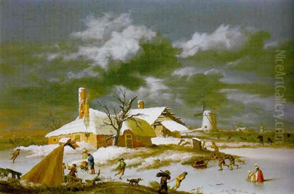 Winter Landscape With Fishermen And Skaters On The Ice, A House And Windmills Beyond - view 1