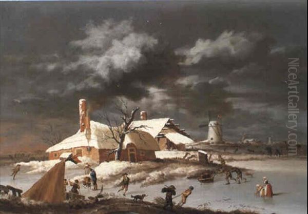 Extensive Winter Landscape With Skaters And Villagers - view 1