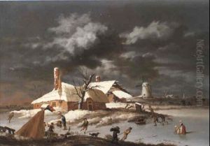 Extensive Winter Landscape With Skaters And Villagers by Johannes Willem Tengeler