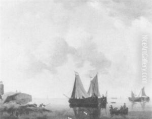 A Coastal Landscape With Fishing Boats Moored In A Calm by Johannes Willem Tengeler