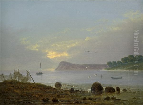 Kustenpartie Mit Segelschiff Und Fischernetzen Bei Morgendammerung - view 1