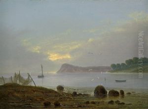 Kustenpartie Mit Segelschiff Und Fischernetzen Bei Morgendammerung