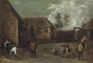 A Village Scene With Figures Bowling, Smoking, And Conversing by David Teniers Iv
