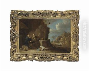 Saints Anthony Abbot And Paul Of Thebes In A Rocky Landscape, A Ruined Castle On The Hills Beyond by David Teniers Iv