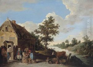 Figures Drinking And Playing Outside A Cottage, With A Cow On A Riverbank, A Church Beyond by David Teniers Iv