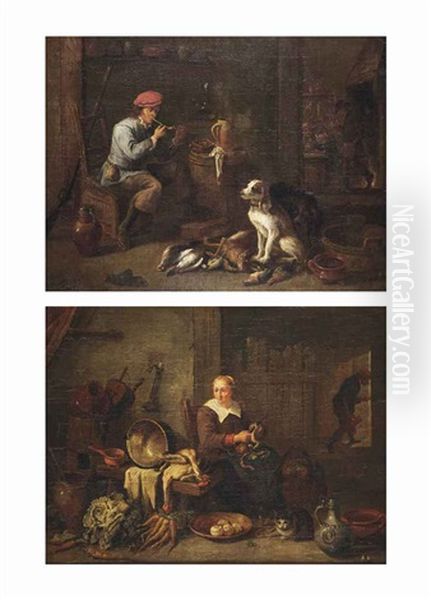 An Interior With A Seated Hunter Smoking A Pipe Beside His Dogs...; An Interior With A Seated Kitchen Maid Peeling Apples With A Cat... (pair) - view 1