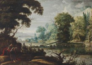 A Wooded Landscape With Saint James The Elder Resting On A Riverbank, With A Herdsman And His Cattle In The Distance, And A Town Beyond by David The Elder Teniers