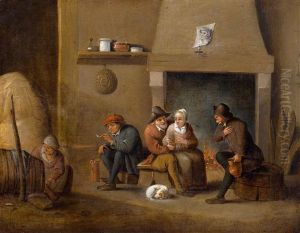 Boereninterieur Met Drinkende Figuren Bij Een Haardvuur