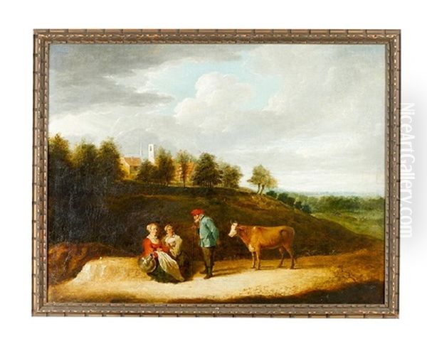 A Shepherd With Two Women And A Cow In Landscape In Front Of A Village - view 1