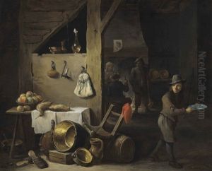 A Kitchen Interior With A Young Boy And Three Figures Drinking And Smoking In The Background by David Teniers the Younger