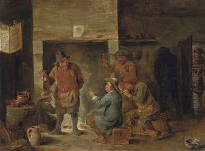 Peasants In A Tavern Smoking And Drinking by Juliaen Teniers the Younger
