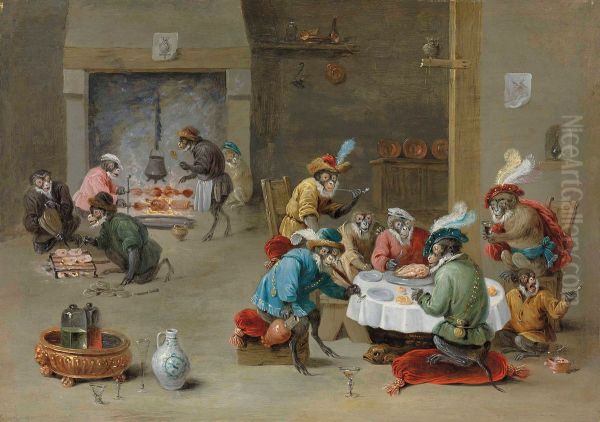 Monkeys Smoking, Drinking And Preparing A Meal In A Kitchen - view 1