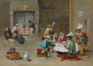 Monkeys Smoking, Drinking And Preparing A Meal In A Kitchen by Abraham Teniers