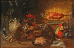 Monkeys Sharing A Meal by Abraham Teniers