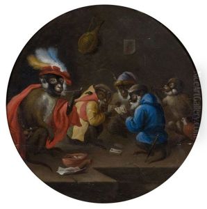 Les Singes Joueurs De Cartes Et Les Singes Barbiers (pair) by Abraham Teniers