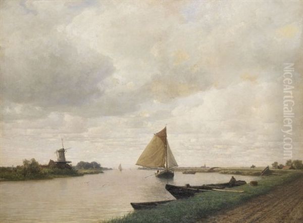 Niederrheinlandschaft Mit Segelboot Und Windmuhle - view 1