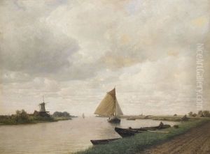 Niederrheinlandschaft Mit Segelboot Und Windmuhle by Eduard Tenner