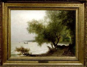 Baumbestandenes Seeufer Mit Fischerbooten Im Morgengrauen by Eduard Tenner