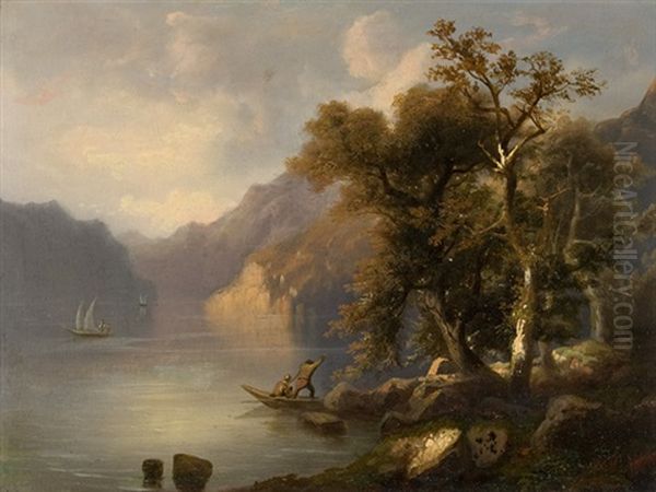 Ansichten Vom Vierwaldstattersee Mit Booten Und Figurenstaffage Und Blick Auf Das Umliegende Gebirge (pair) - view 1