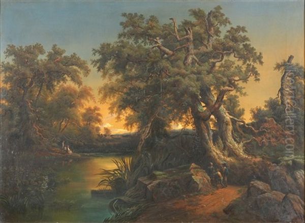 Baumbestandene Weiherlandschaft Mit Figurenstaffage - view 1
