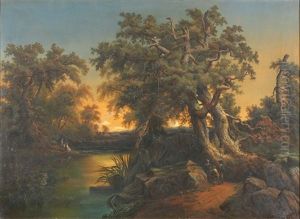 Baumbestandene Weiherlandschaft Mit Figurenstaffage by Jean Marc Benjamin Tepping