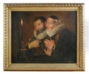 A Lady And Gentleman At Prayer Before A Candlelit Crucifix