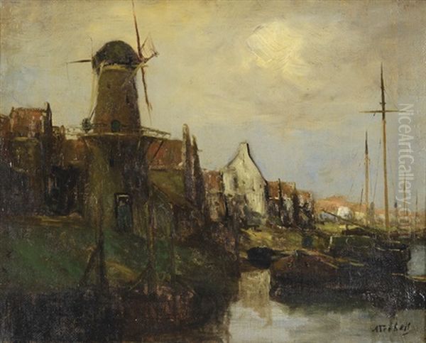 Windmill And Dock Scene At Dusk - view 1