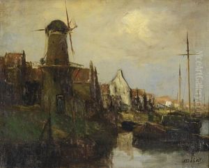Windmill And Dock Scene At Dusk
