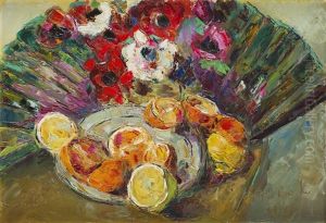 Still Life With Citrus Fruit And Anemone Flowers by Wlodzimierz Terlikowski