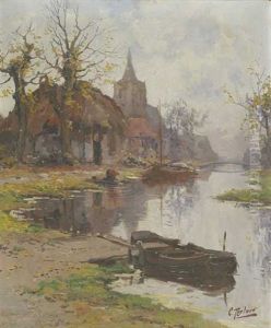 Fluslandschaft Mit Booten U. Hausern