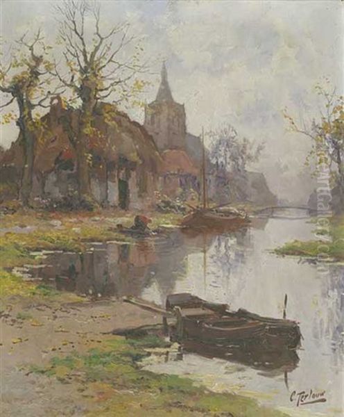 Fluslandschaft Mit Booten Und Hausern - view 1