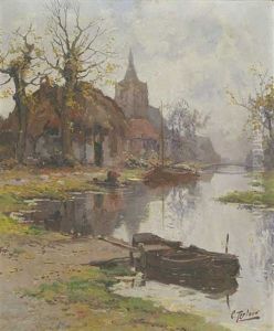 Fluslandschaft Mit Booten Und Hausern