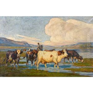 Landschaft Mit Kuhherde Am Seeufer by Clovis Frederic Terraire