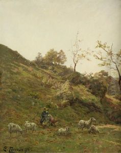 A Shepherdess With A Flock In A Landscape by Clovis Frederic Terraire