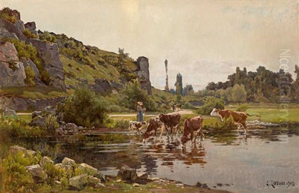 Kuhe An Der Tranke In Malerischer Sommerlandschaft - view 1