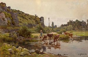 Kuhe An Der Tranke In Malerischer Sommerlandschaft by Clovis Frederic Terraire