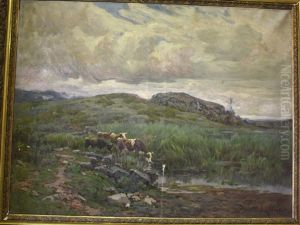 Vaches S'abreuvant Dans La Mare by Clovis Frederic Terraire