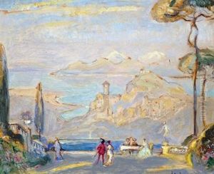 Arcadian Scene With Figures On Lakeside Terrace