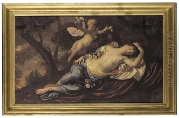 Cupid Casting Flowers Over A Sleeping Maiden - view 1