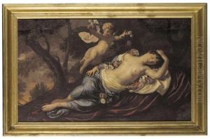 Cupid Casting Flowers Over A Sleeping Maiden by Augustin Terwesten