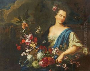 A Young Woman With A Garland (flora?) by Augustus Terwesten