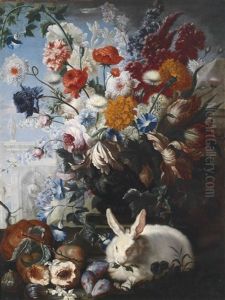 Stillleben Mit Blumen, Fruchten Und Einem Weisen Hasen
