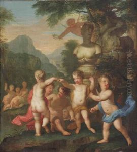 A Classical Landscape With Putti Celebrating Beneath A Bust Of Venus by Matthaeus (Arent) Terwesten