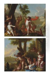Putti Disporting In A River Landscape (+ Putti Disporting In A Landscape; Pair) by Matthaeus (Arent) Terwesten