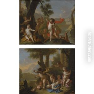 Landscapes With Putti Cavorting In A Landscape (+ Another; Pair) by Matthaeus (Arent) Terwesten