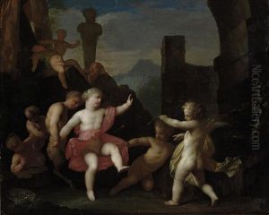 A Bacchanal Of Putti And Infant Fauns, With Cupid Shooting An Arrow At A Young Girl by Matthaeus (Arent) Terwesten