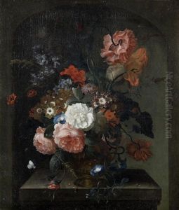 Roses, Convolvulus, Auricula And Other Flowers In A Bronze Urn, In A Stone Niche; And Roses, Tulips, Convulvulus And Other Flowers In A Bronze Urn On A Stone Ledge(2) by Pieter Terwesten